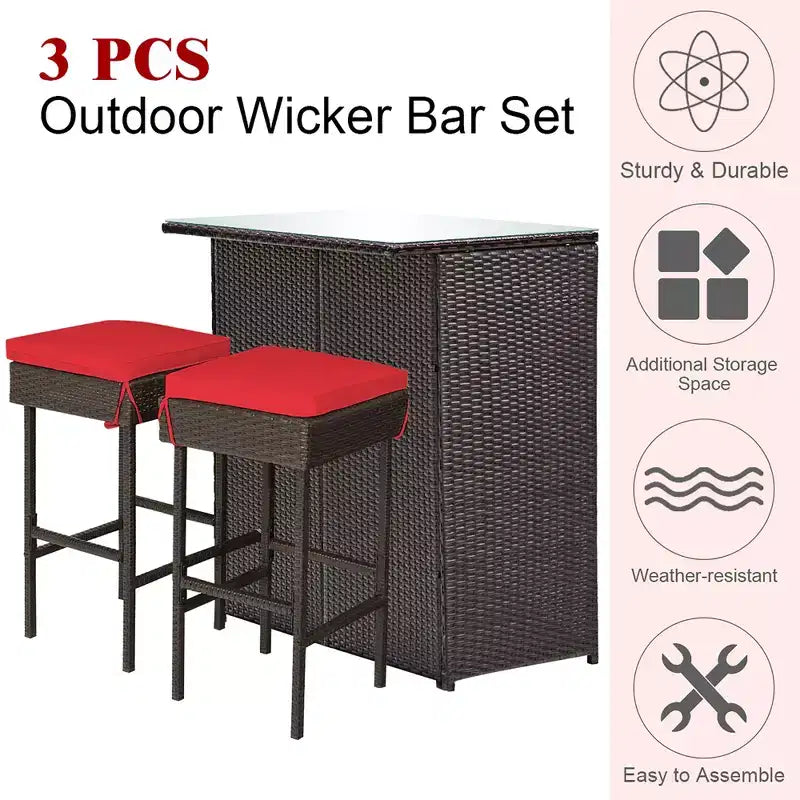 Costway Ensemble de 3 Meubles de Bar et Chaises de Jardin en Rotin et Osier pour Terrasse avec Coussins Rouges