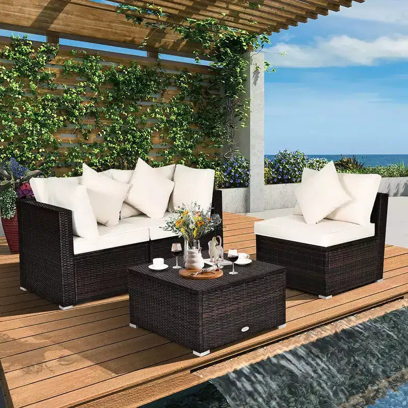 Costway Ensemble de Meubles de Salon de Jardin en Rotin 4 Pièces avec Canapé, Coussins et Ottoman
