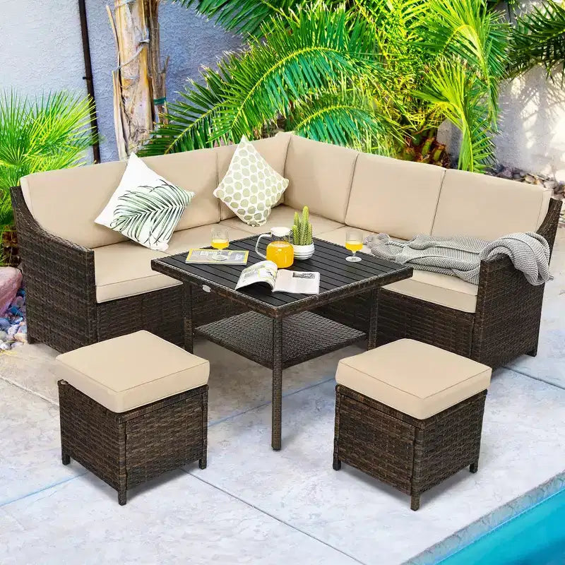 Costway Ensemble de meubles de salle à manger 6 pièces en rotin pour patio avec pouf et étagère inférieure