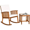 Costway Ensemble de 2 fauteuils à bascule de patio en bois d'acacia avec table basse et coussins