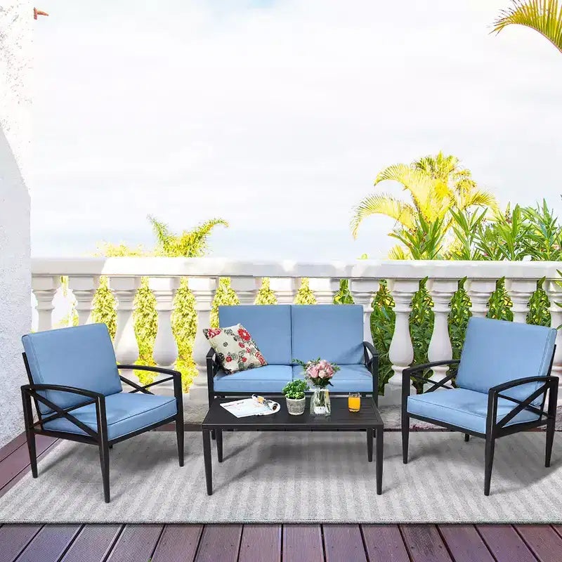 Costway, ensemble mobilier de jardin 4 pièces, cadre en aluminium, canapé et chaises avec coussins, table basse bleus