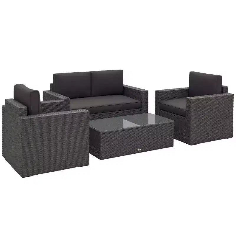 Ensemble de mobilier de jardin en rotin 4 pièces Outsunny, salon de conversation extérieur rembourré avec 2 chaises, causeuse et table basse en verre