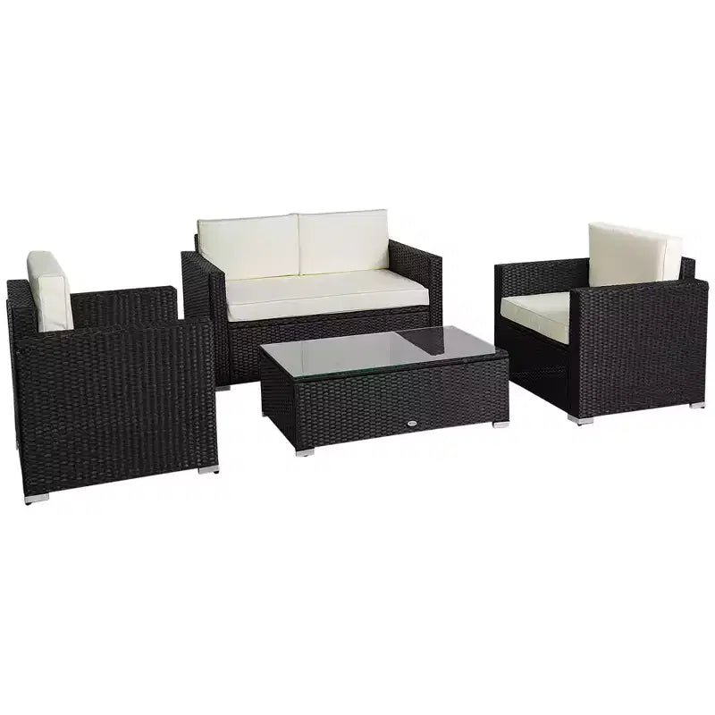 Ensemble de mobilier de jardin en rotin 4 pièces Outsunny, salon de conversation extérieur rembourré avec 2 chaises, causeuse et table basse en verre