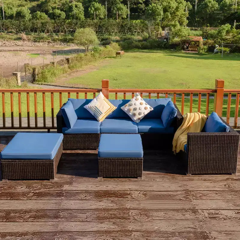 Costway Ensemble de Meubles de Jardin en Rotin 6 Pièces Canapé Table Basse Pouf Bleu Marine