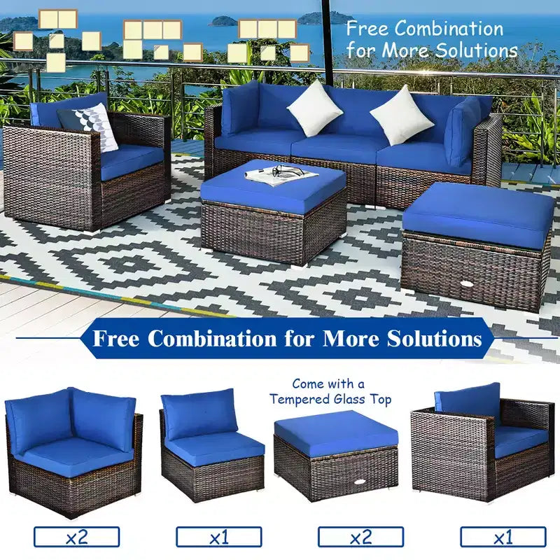 Costway Ensemble de Meubles de Jardin en Rotin 6 Pièces Canapé Table Basse Pouf Bleu Marine