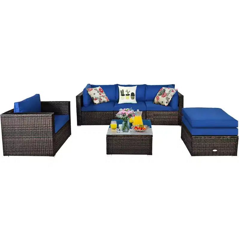 Costway Ensemble de Meubles de Jardin en Rotin 6 Pièces Canapé Table Basse Pouf Bleu Marine