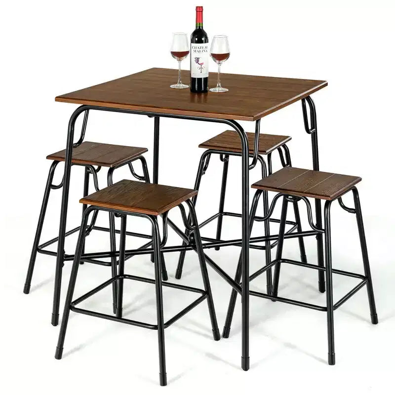 Ensemble de table de bar 5 pièces Costway avec 4 tabourets, hauteur comptoir, marron rustique