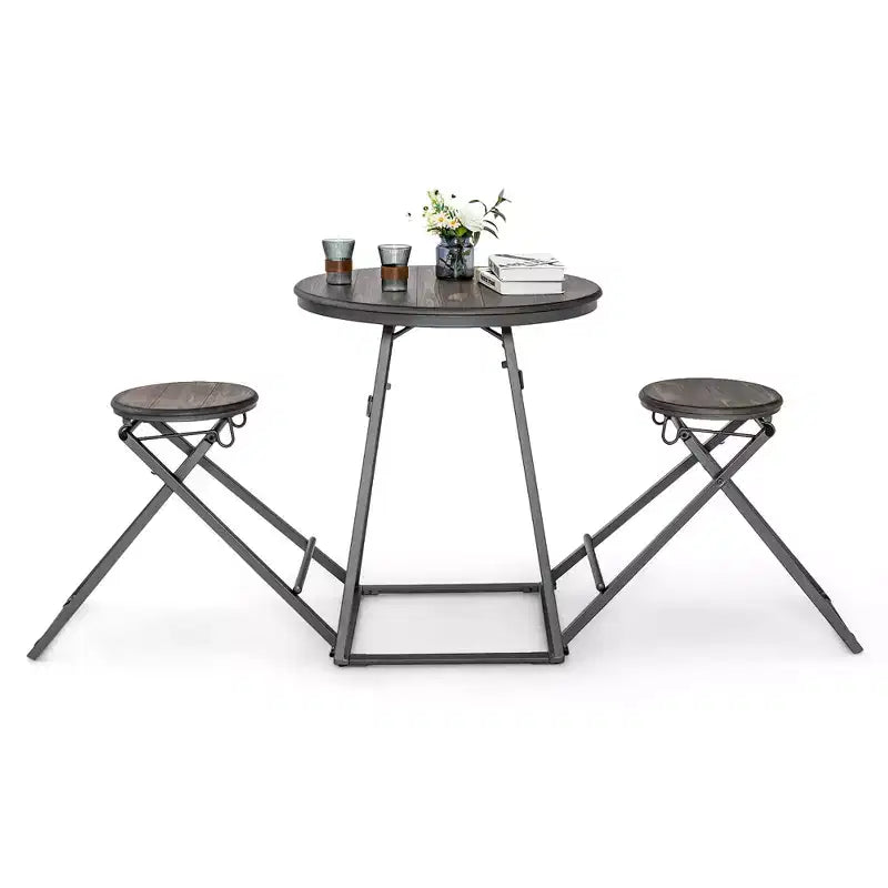 Ensemble table de bar 3 pièces Costway Table de salle à manger ronde et 2 tabourets pliables avec cadre en métal