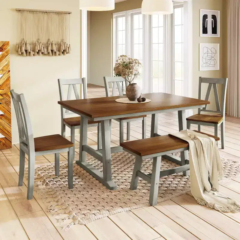 Ensemble de table à manger en bois de ferme 6 pièces avec longue banquette et 4 chaises de salle à manger - ModernLuxe