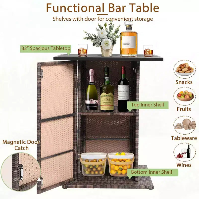 Costway Ensemble de 5 Tabourets de Bar en Rotin avec Table de Patio, Étagère de Rangement Dissimulée et Coussins