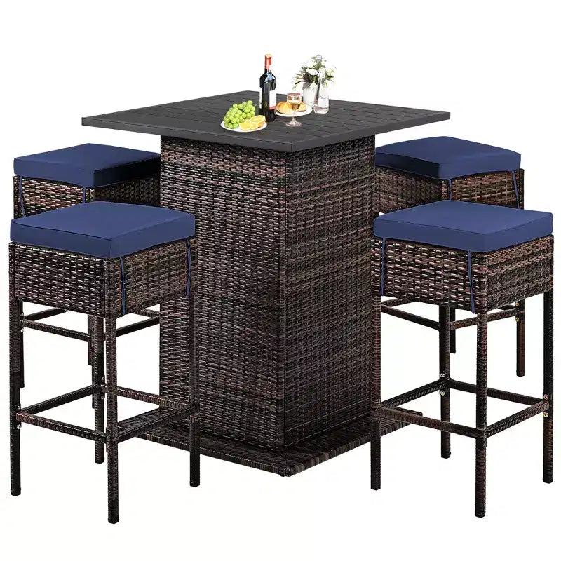 Costway Ensemble de 5 Tabourets de Bar en Rotin avec Table de Patio, Étagère de Rangement Dissimulée et Coussins