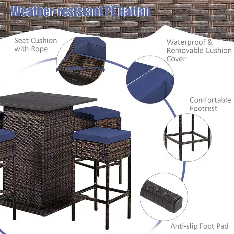 Costway Ensemble de 5 Tabourets de Bar en Rotin avec Table de Patio, Étagère de Rangement Dissimulée et Coussins