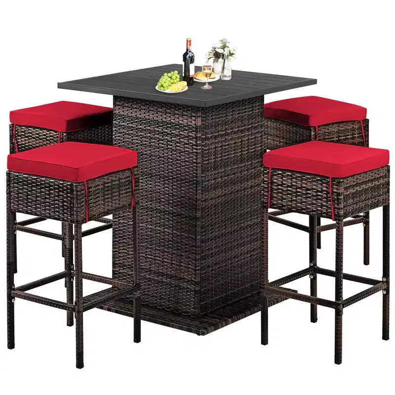 Costway Ensemble de 5 Tabourets de Bar en Rotin avec Table de Patio, Étagère de Rangement Dissimulée et Coussins