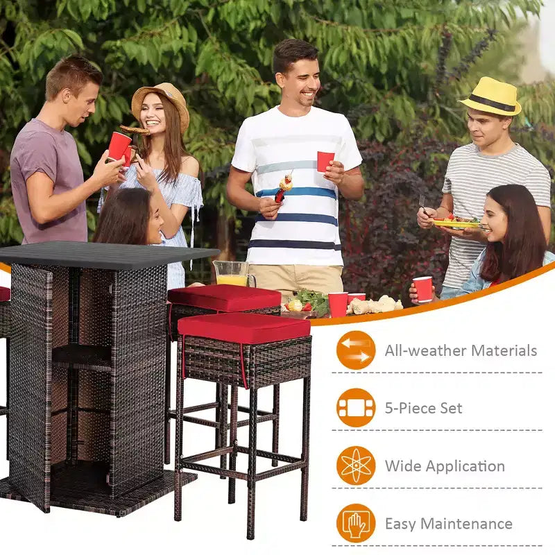 Costway Ensemble de 5 Tabourets de Bar en Rotin avec Table de Patio, Étagère de Rangement Dissimulée et Coussins