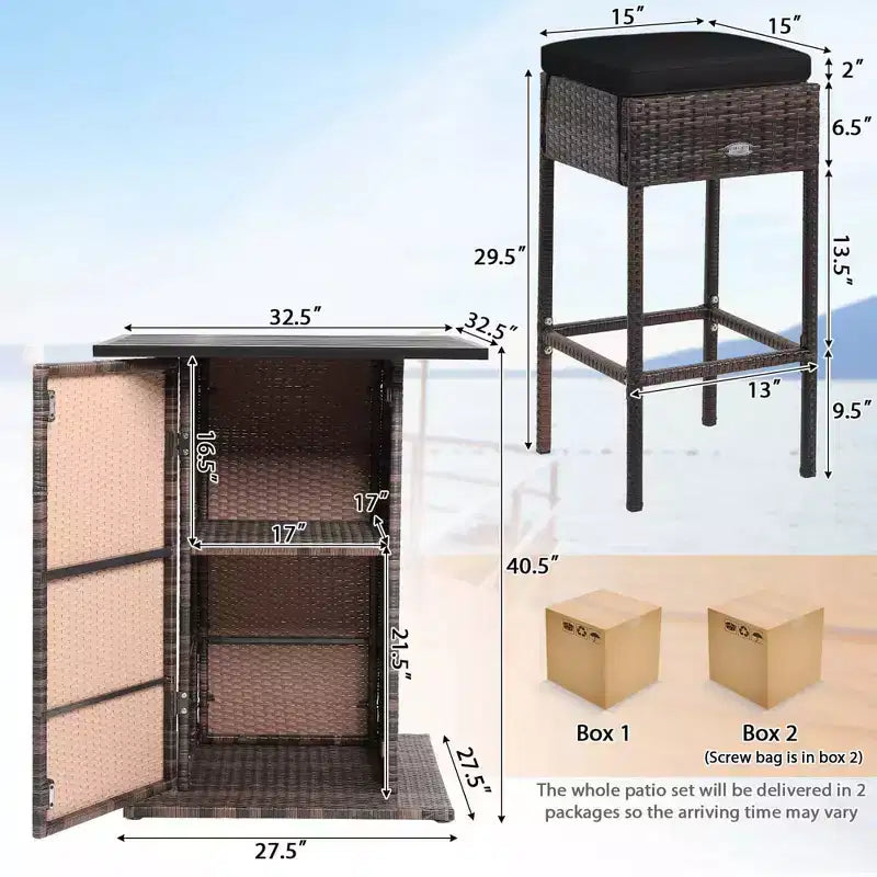 Costway Ensemble de 5 Tabourets de Bar en Rotin avec Table de Patio, Étagère de Rangement Dissimulée et Coussins