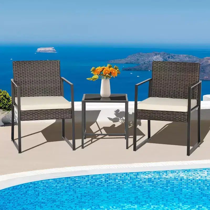 Costway Ensemble de Meubles de Jardin 3 Pièces Chaises en Rotin et Table Rembourrées Robuste