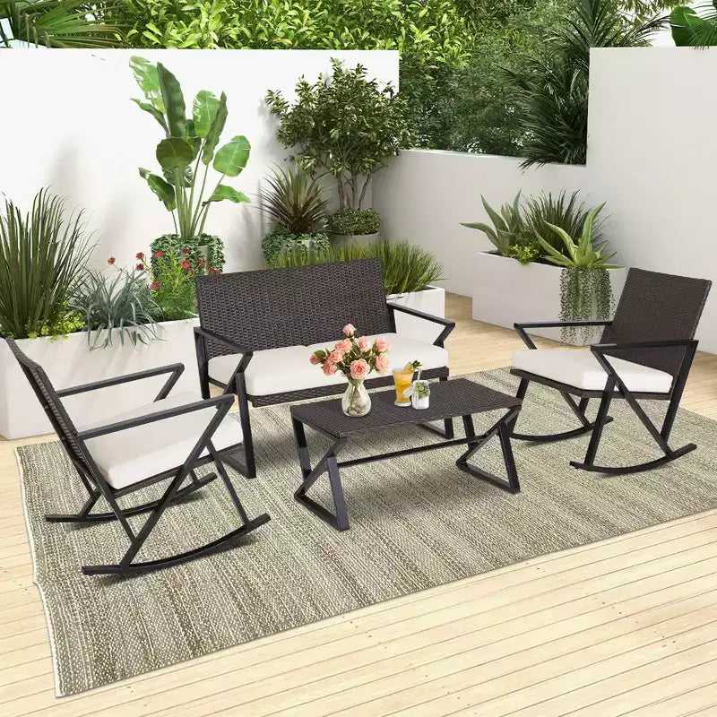 Costway Ensemble de 4 fauteuils à bascule, causeuse et table en rotin pour patio avec coussins