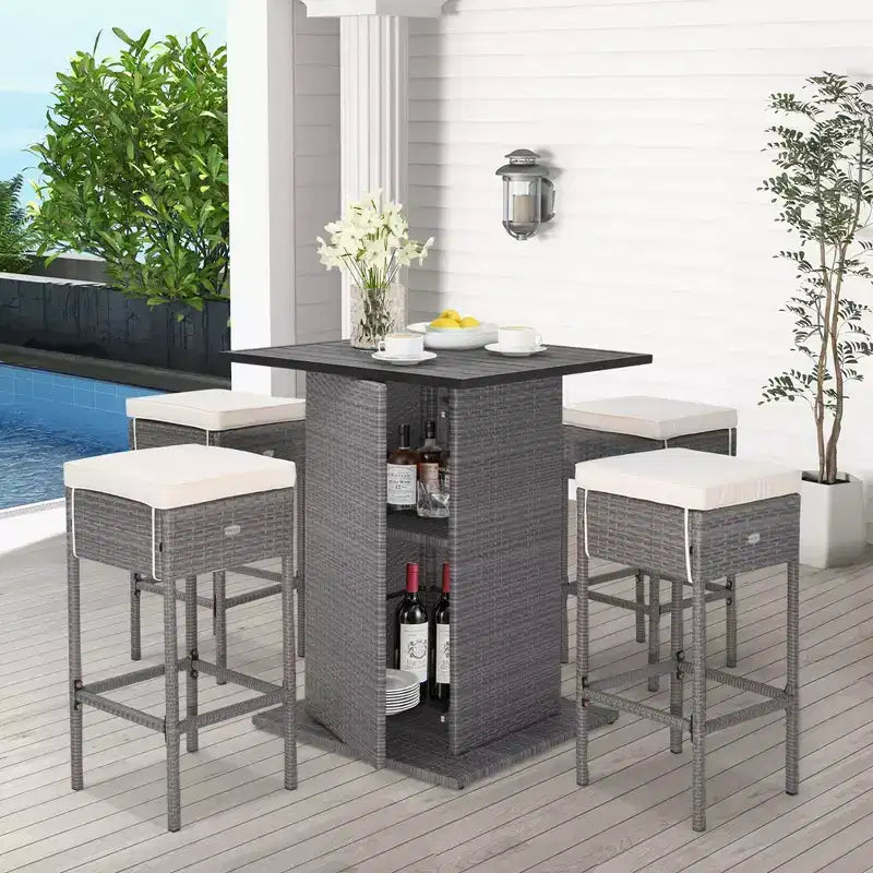 Ensemble table de bar et 4 tabourets d'extérieur en osier Costway avec étagères de rangement cachées