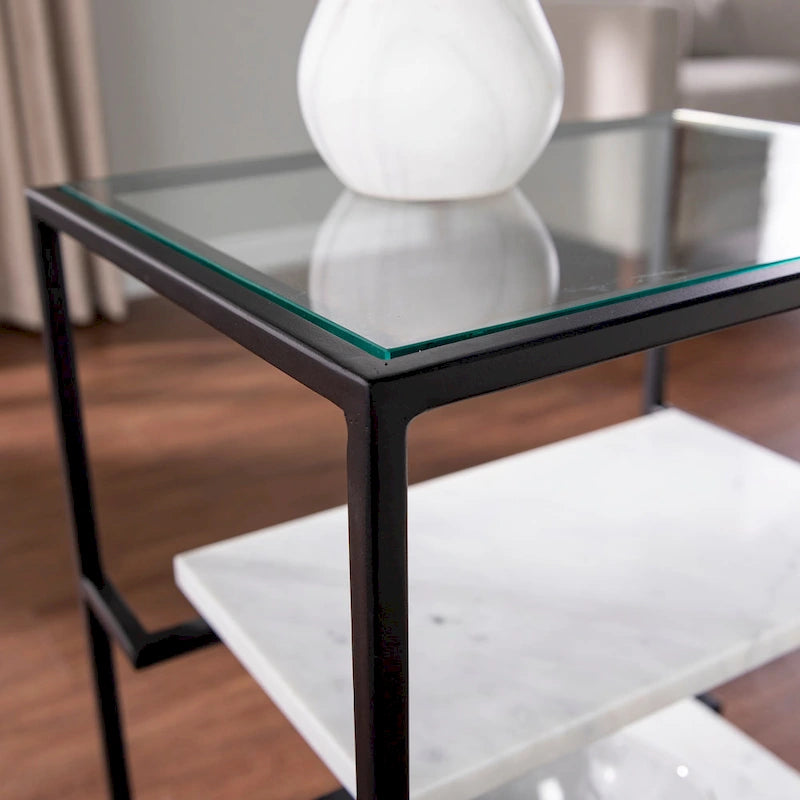 Table d'appoint à plateau en verre avec étagères en marbre, noir/blanc
