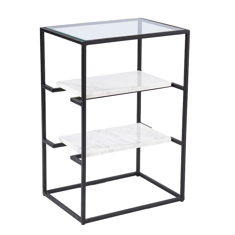 Table d'appoint à plateau en verre avec étagères en marbre, noir/blanc