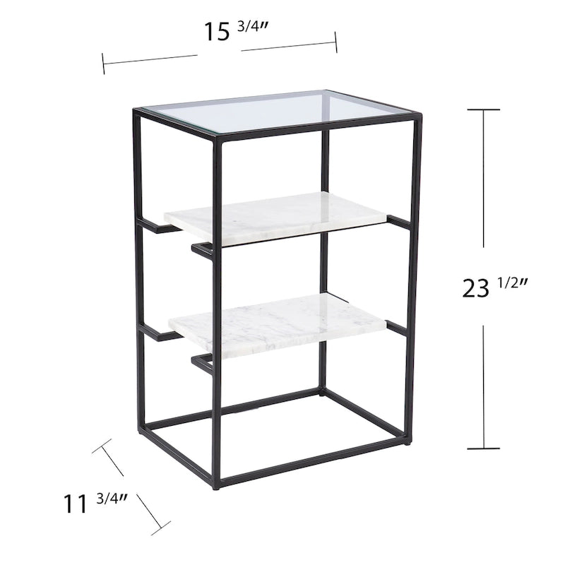 Table d'appoint à plateau en verre avec étagères en marbre, noir/blanc