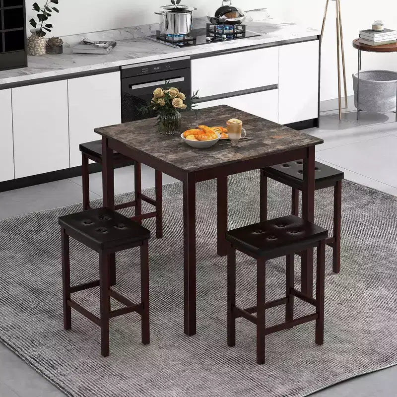 Costway Ensemble de Table de Bar 5 Pièces, Table à Manger Carrée et 4 Tabourets de Bar Rembourrés en Cuir PVC Marron/Blanc