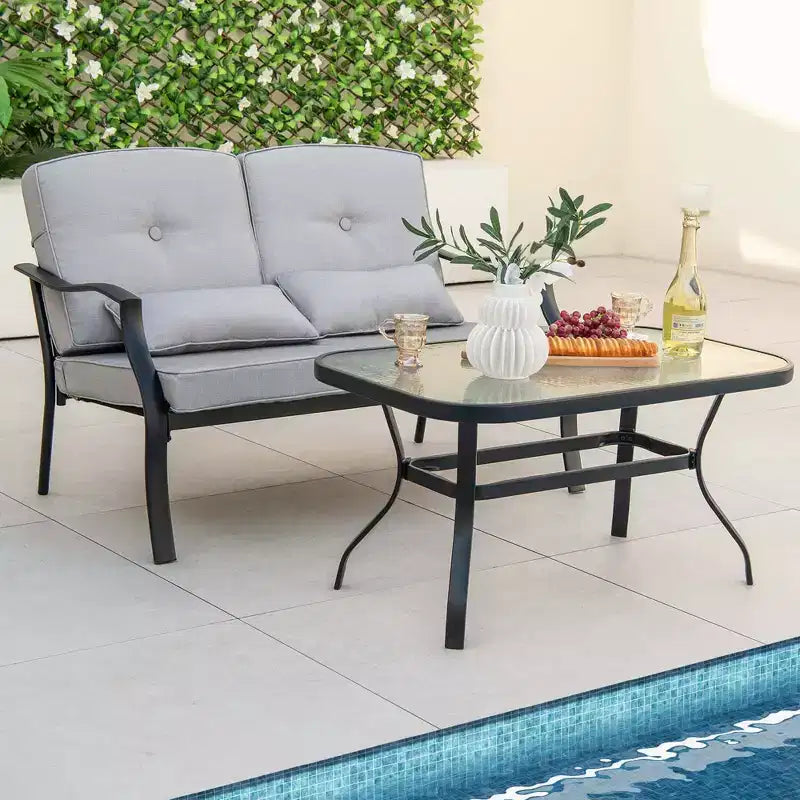 Costway Ensemble de Meubles de Patio 2 Pièces Canapé de Jardin Table Basse Sièges Coussins Bleu Marine/Gris
