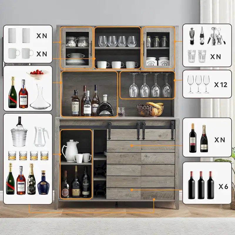 Vaisselier de cuisine rustique avec casier à vin - 15,7P x 47,2L x 69,6H