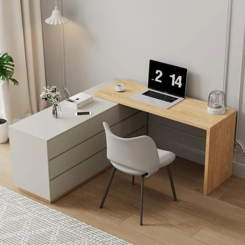 Bureau d'angle blanc de 140,2 cm avec 6 tiroirs de rangement