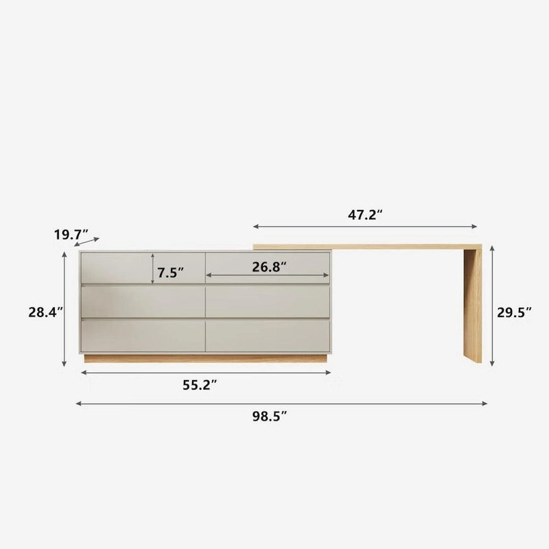 Bureau d'angle blanc de 140,2 cm avec 6 tiroirs de rangement