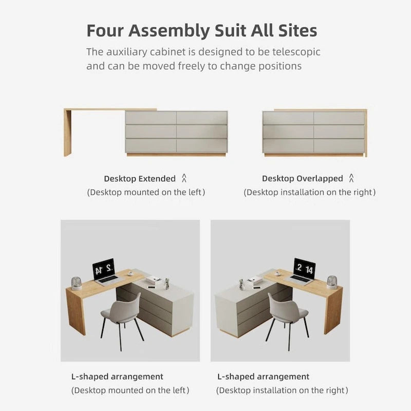 Bureau d'angle blanc de 140,2 cm avec 6 tiroirs de rangement