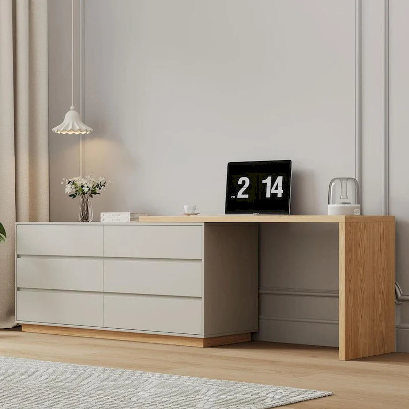 Bureau d'angle blanc de 140,2 cm avec 6 tiroirs de rangement