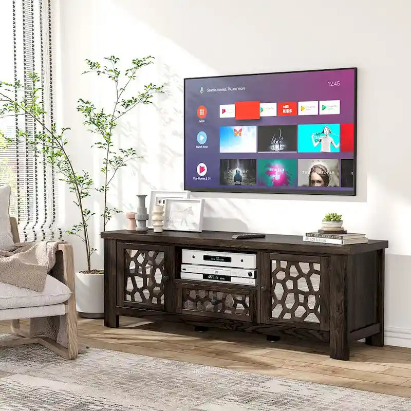 Meuble TV Rétro Meuble de Divertissement w/ Portes Miroir &