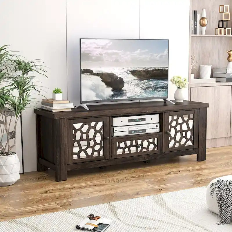 Meuble TV Rétro Meuble de Divertissement w/ Portes Miroir &