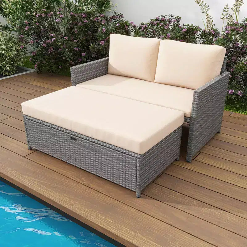 Costway – Causeuse de terrasse 2 places avec pouf de rangement multifonctionnel de 117 L et coussins moelleux