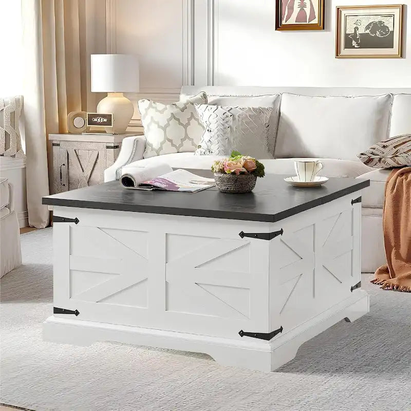 Table basse de ferme avec plateau relevable carré, table basse centrale en bois, table basse centrale carrée en bois avec rangement caché