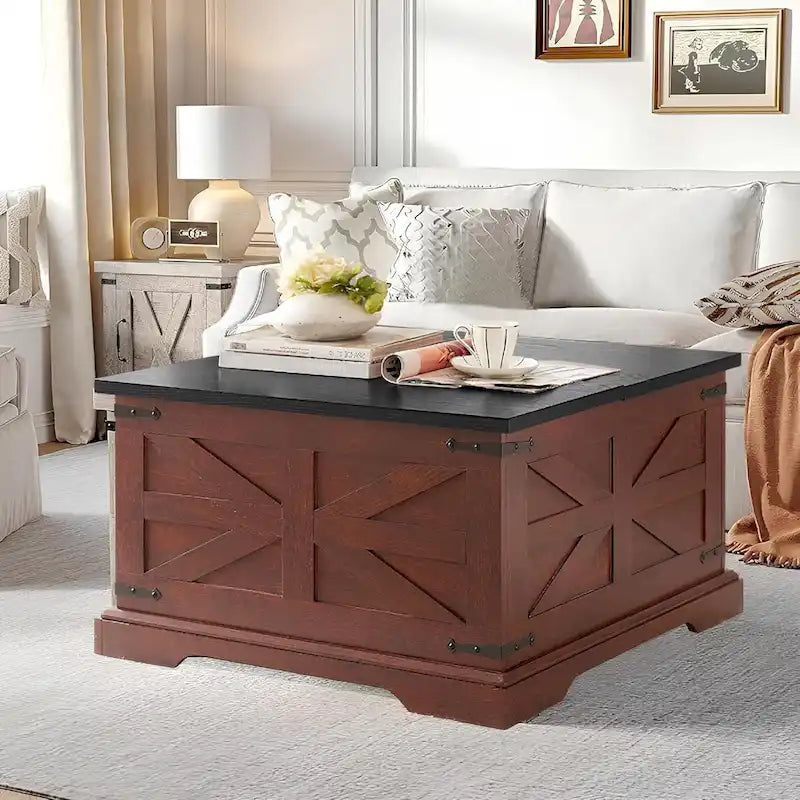 Farmhouse Coffee Table with Lift Top Square, Wood Center Table, Square Wood Center Table with Hidden Storage