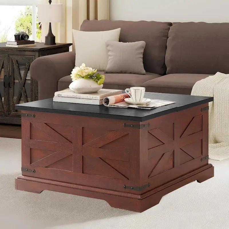 Table basse de ferme avec plateau relevable carré, table basse centrale en bois, table basse centrale carrée en bois avec rangement caché