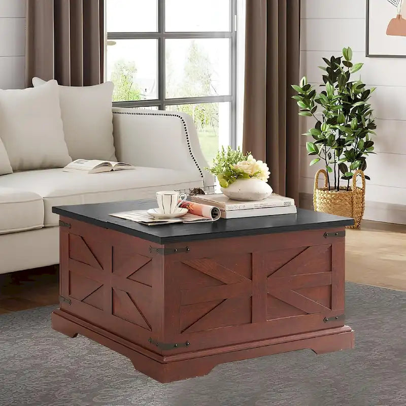 Table basse de ferme avec plateau relevable carré, table basse centrale en bois, table basse centrale carrée en bois avec rangement caché