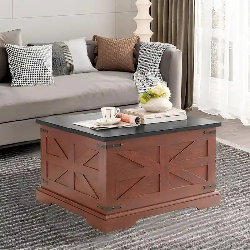 Table basse de ferme avec plateau relevable carré, table basse centrale en bois, table basse centrale carrée en bois avec rangement caché