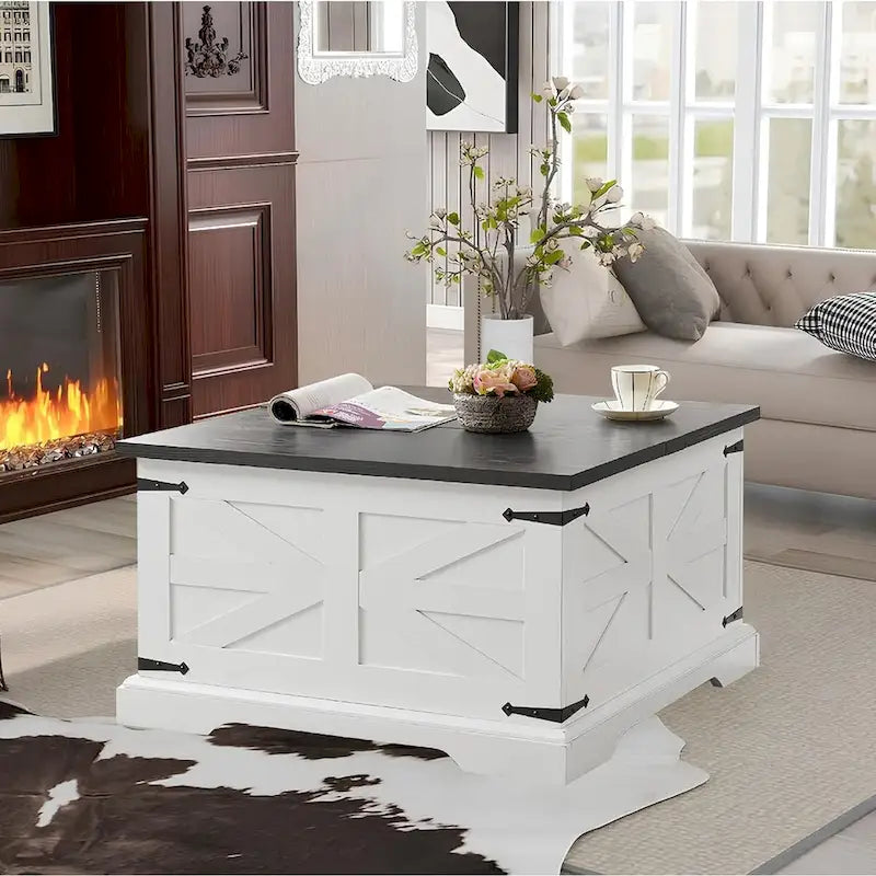 Table basse de ferme avec plateau relevable carré, table basse centrale en bois, table basse centrale carrée en bois avec rangement caché