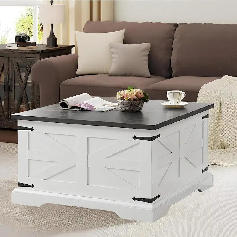 Table basse de ferme avec plateau relevable carré, table basse centrale en bois, table basse centrale carrée en bois avec rangement caché