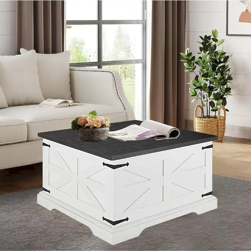 Table basse de ferme avec plateau relevable carré, table basse centrale en bois, table basse centrale carrée en bois avec rangement caché