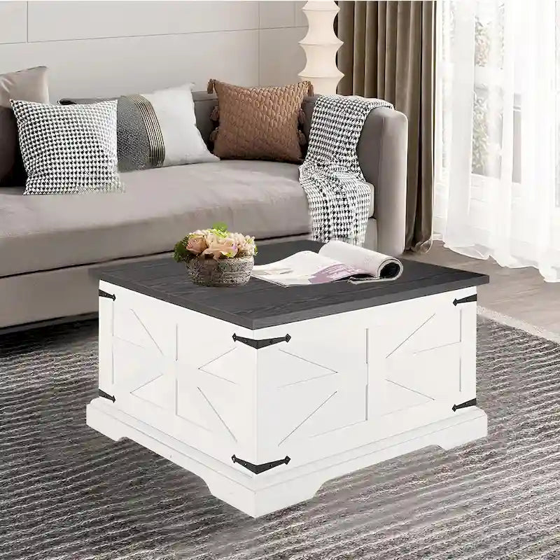 Table basse de ferme avec plateau relevable carré, table basse centrale en bois, table basse centrale carrée en bois avec rangement caché