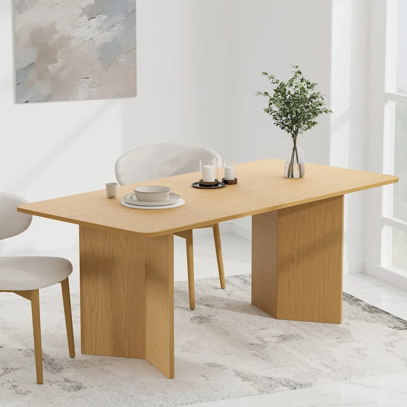Modern Oak Wood Top 67 in. Double Pedestal Base Dining Table