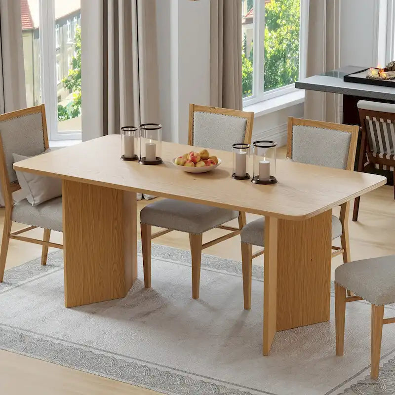 Modern Oak Wood Top 67 in. Double Pedestal Base Dining Table