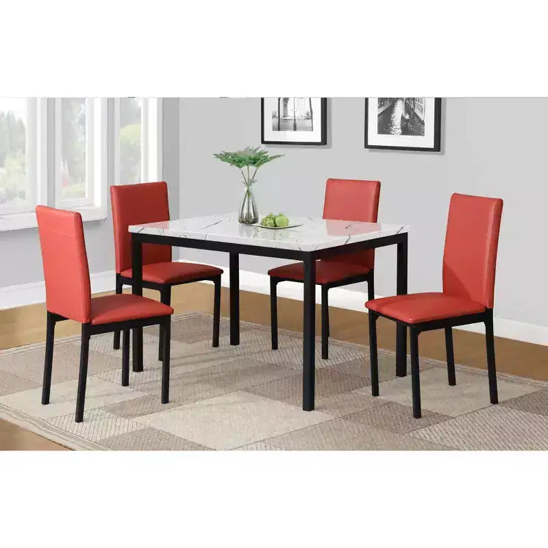 Ensemble de salle à manger 5 pièces Roundhill Furniture Citico avec plateau en faux marbre stratifié blanc cassé, 4 chaises rouges