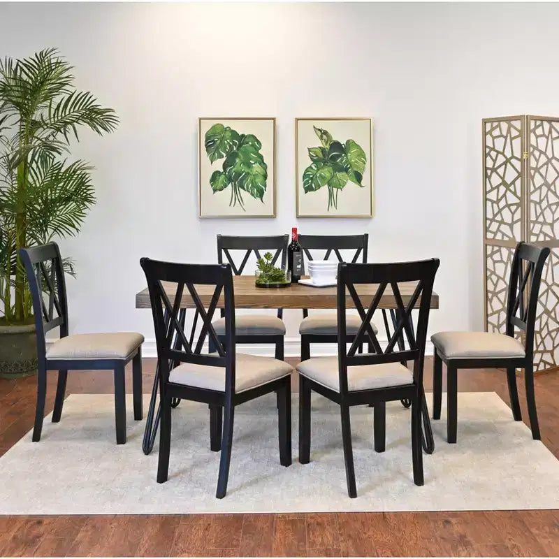 Ensemble de salle à manger Arroyo 7 pièces, table à manger avec pieds en épingle et 6 chaises à dossier croisé, noir intense