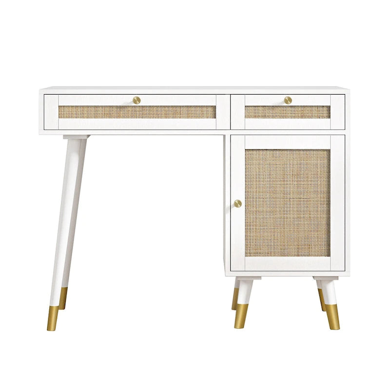 Bureau informatique avec 2 tiroirs, bureau moderne en rotin pour la maison avec caisson de classement