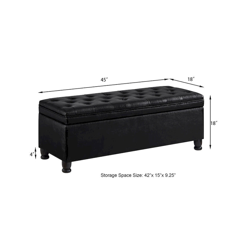 Banc de rangement capitonné noir avec revêtement en similicuir et pieds en bois tournés, Banc Ottoman de rangement